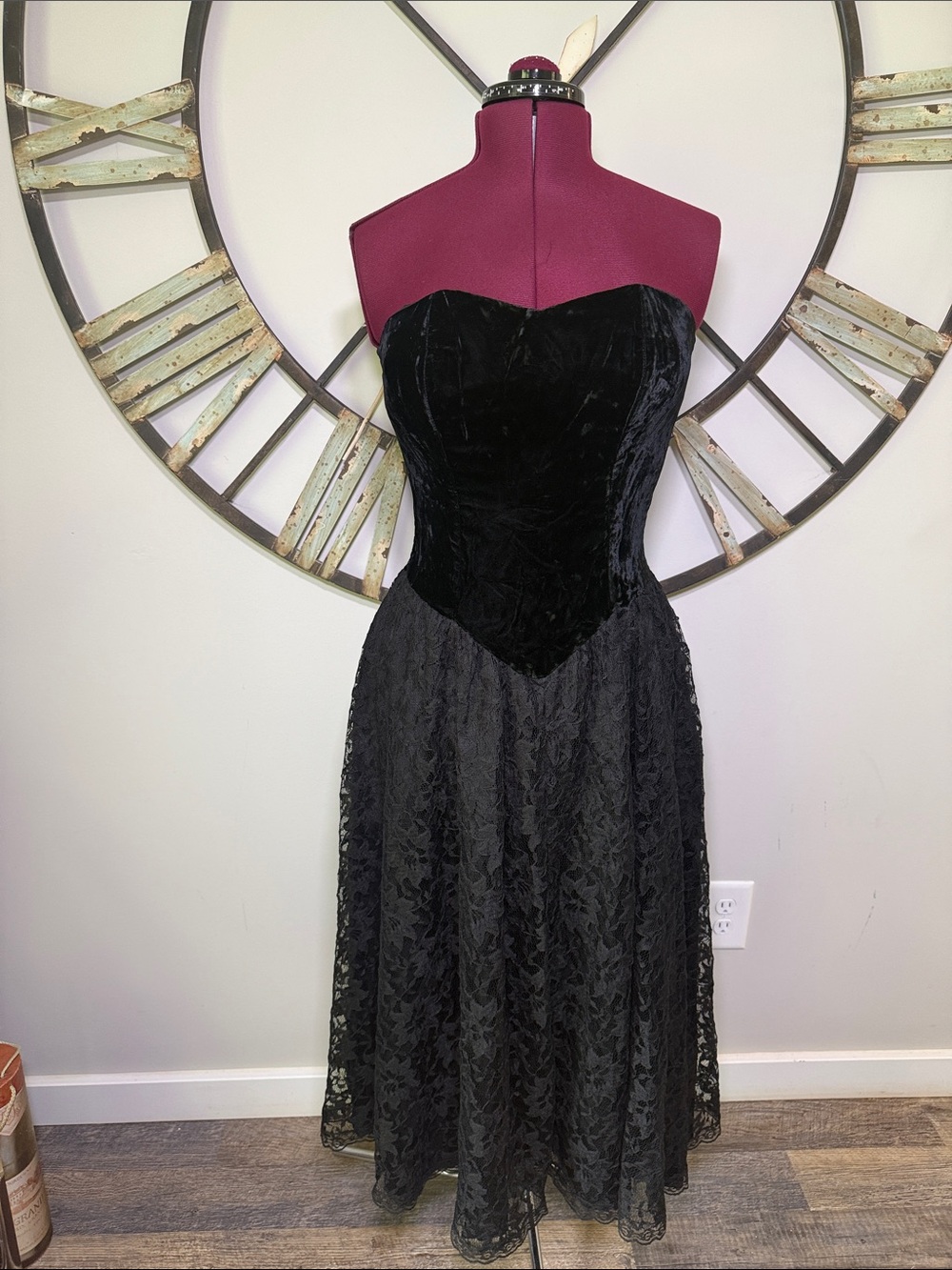 Positively Ellyn Strapless Black Velvet & Lace Midi Dress Evening Dress